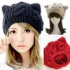 Women Knitted Hats Autumn Winter Trendy Solid Color Cute Cat Ears Cable Knit Beanie Hats