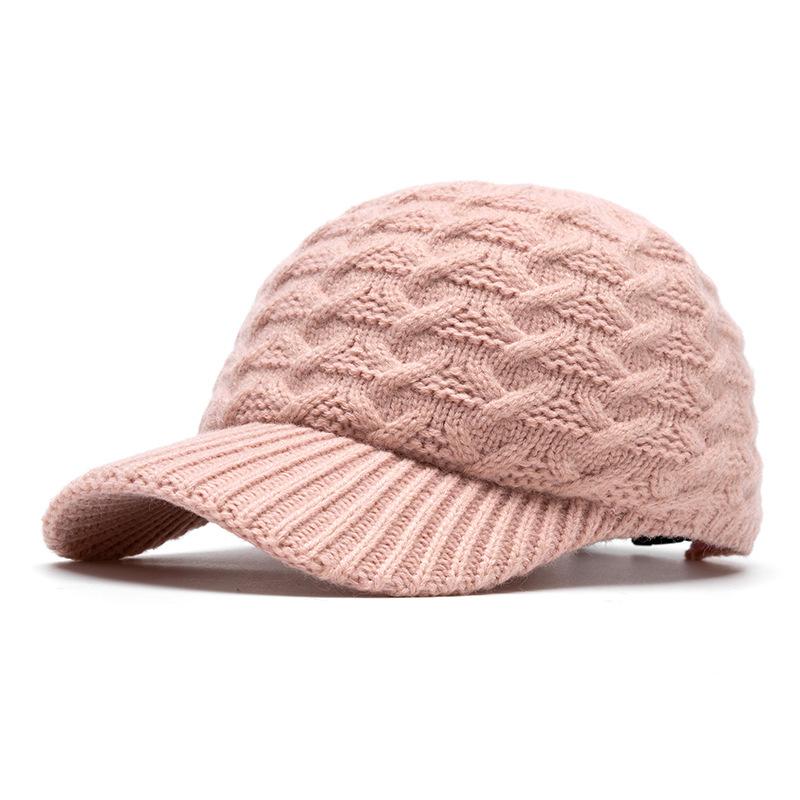 Осенне-зимняя теплая вязаная шерстяная бейсболка однотонная женская кепка розовый