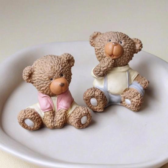 2Pcs Cartoon Couple Bear Resin Figurine, Handmade Sitting Standing Bear Statue, Vintage Animal Sculpture Table Ornament for Home, Office