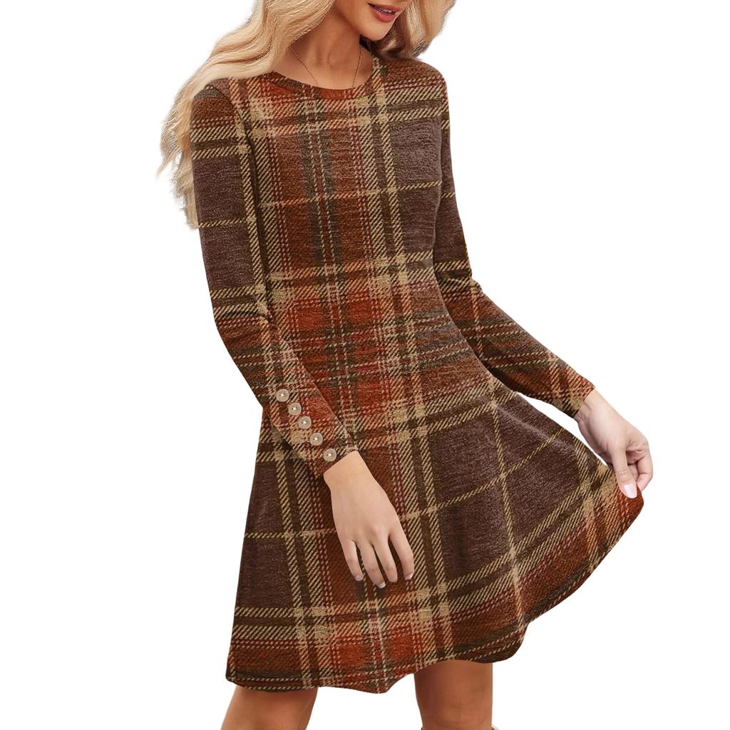 Abito Casual da Donna alla Moda con Tasche, Bottoni Decorativi, Scollo Rotondo e Maniche Lunghe