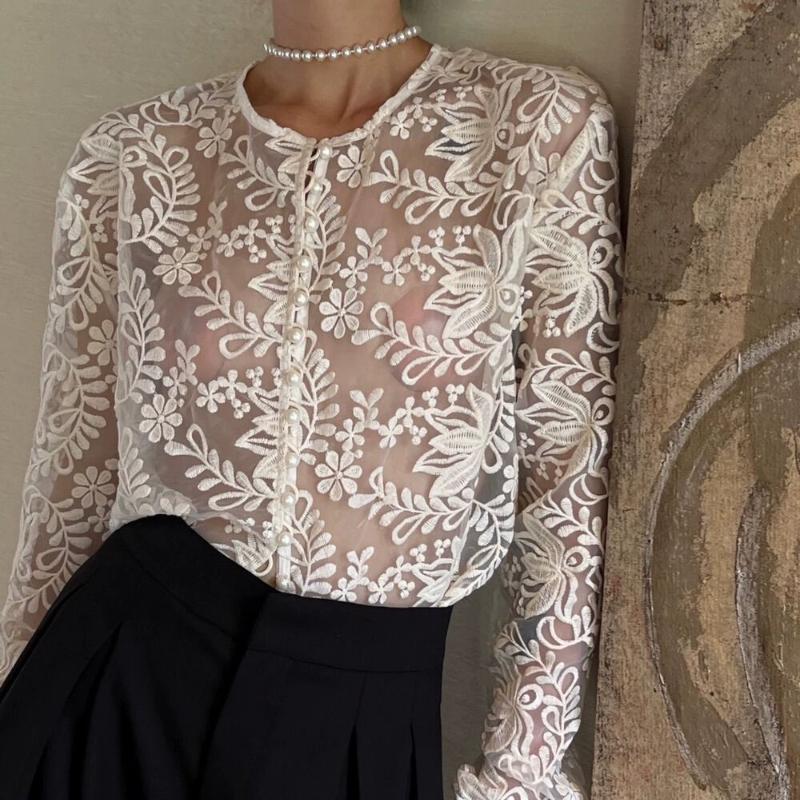 

Новый вязаный ажурный топ, прозрачная базовая рубашка, кардиган в стиле леди, магазин одежды Dream Sweet One Size белый