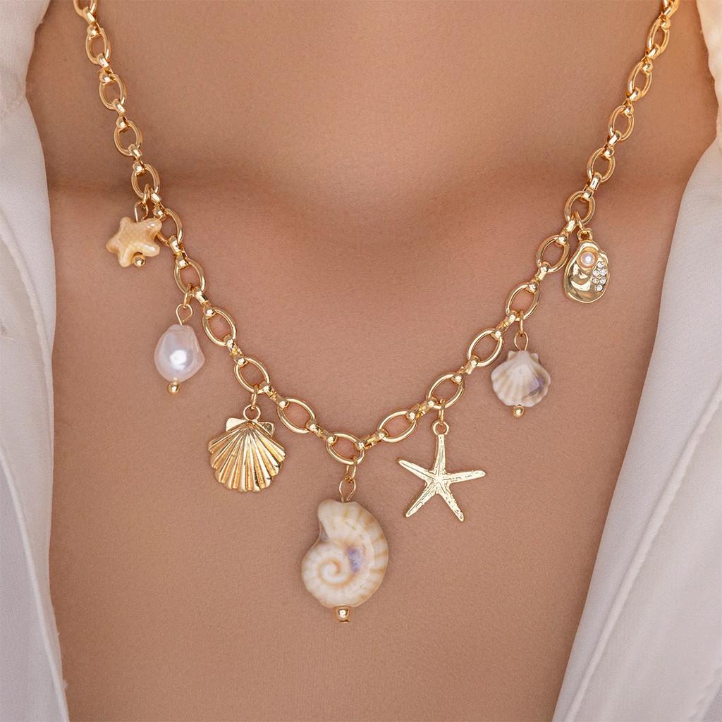 Naturligt Snäckskal Hänge Halsband För Kvinnor Med Pärldetaljer Sommar Accessoar