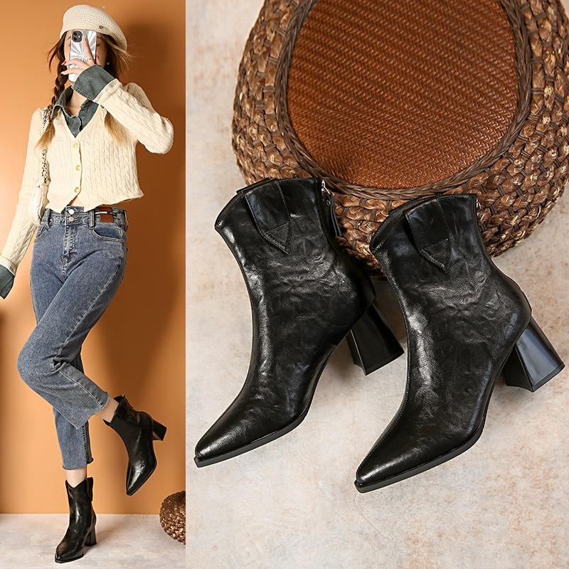 Pointed high-heeled short boots women's autumn and winter thick-heeled bare boots retro Martin boots fashionable versatile western cowboy boots