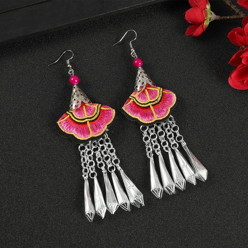 Embroidery fabric flower earrings long Miao silver fringed personalized earrings retro Miao Yunnan earrings women