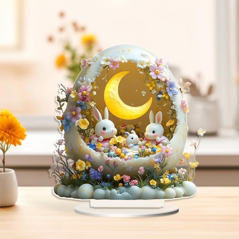 2D Holiday Table top Decoration Acrylic Ornament Features Lovely Rabbit Eggs for Festive Home and Office Display