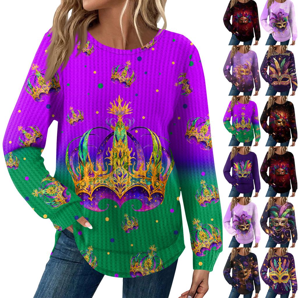 Women's Fashion  Loose Long Sleeve Carnival Print  Round Neck Casual Top