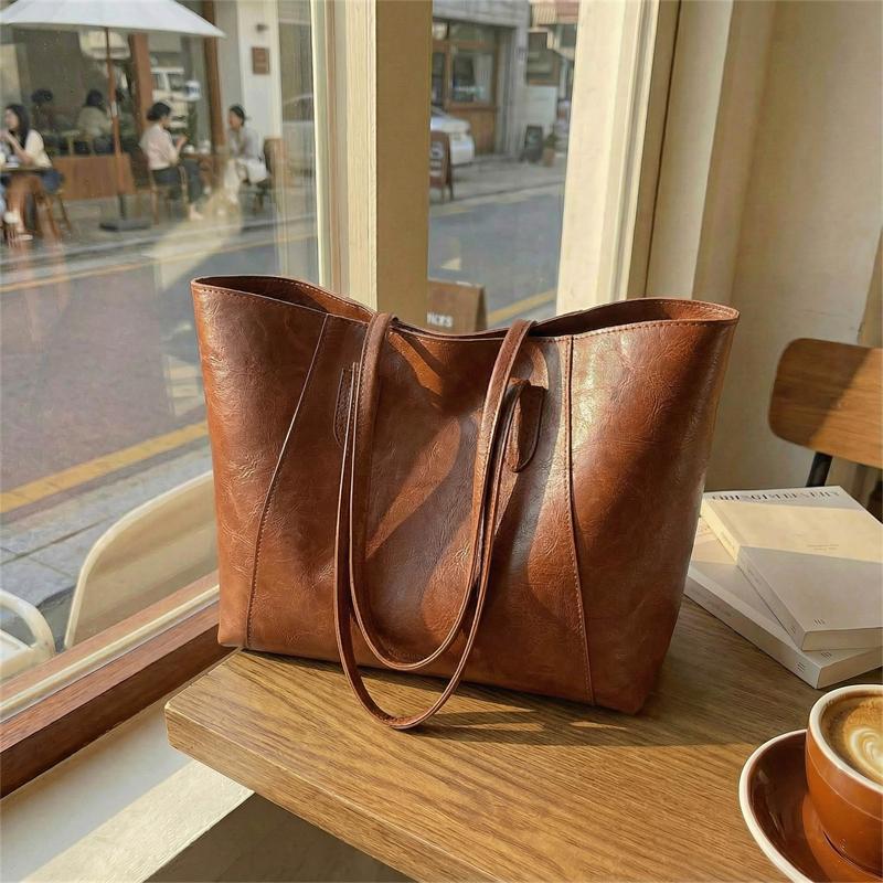 Vintage PU Tote Bag with Top Handle Large Capacity Everyday Fashion Shoulder Bag