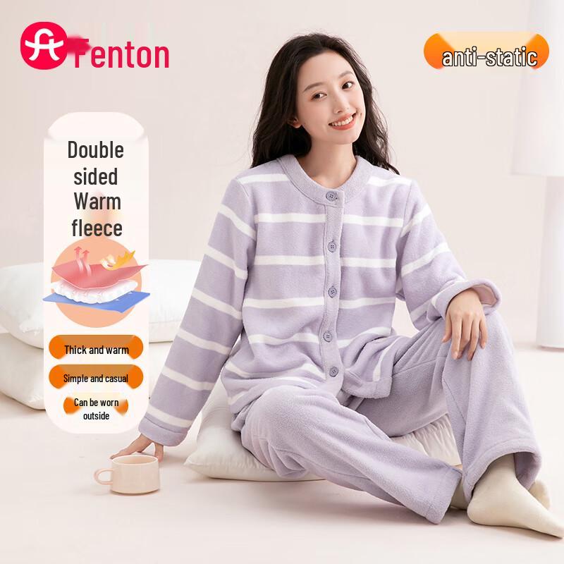 Fenteng Women s Anti-Static Double-Sided Fleece Striped Pajama Set XL