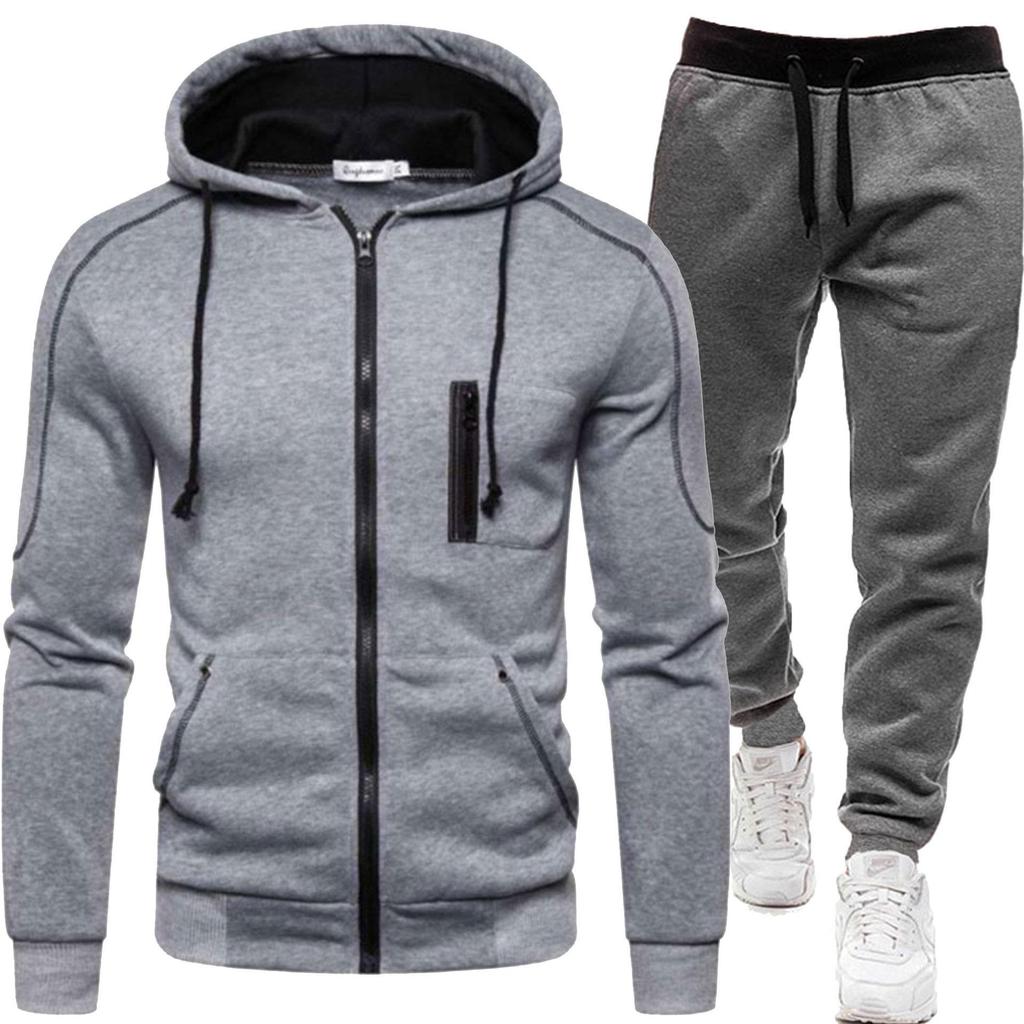 2026 Men's Casual Zipper Hoodie & Sweatpants Set - Solid Color