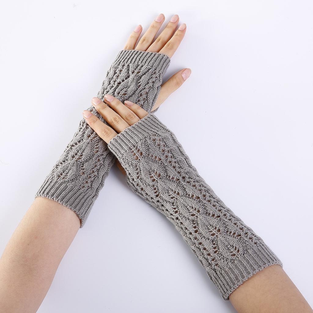 Hollowed Out Leaf Fingerless Gloves for Women's Autumn and Winter  New Mesh Warm Knitted Woolen Half Finger Arm Covers