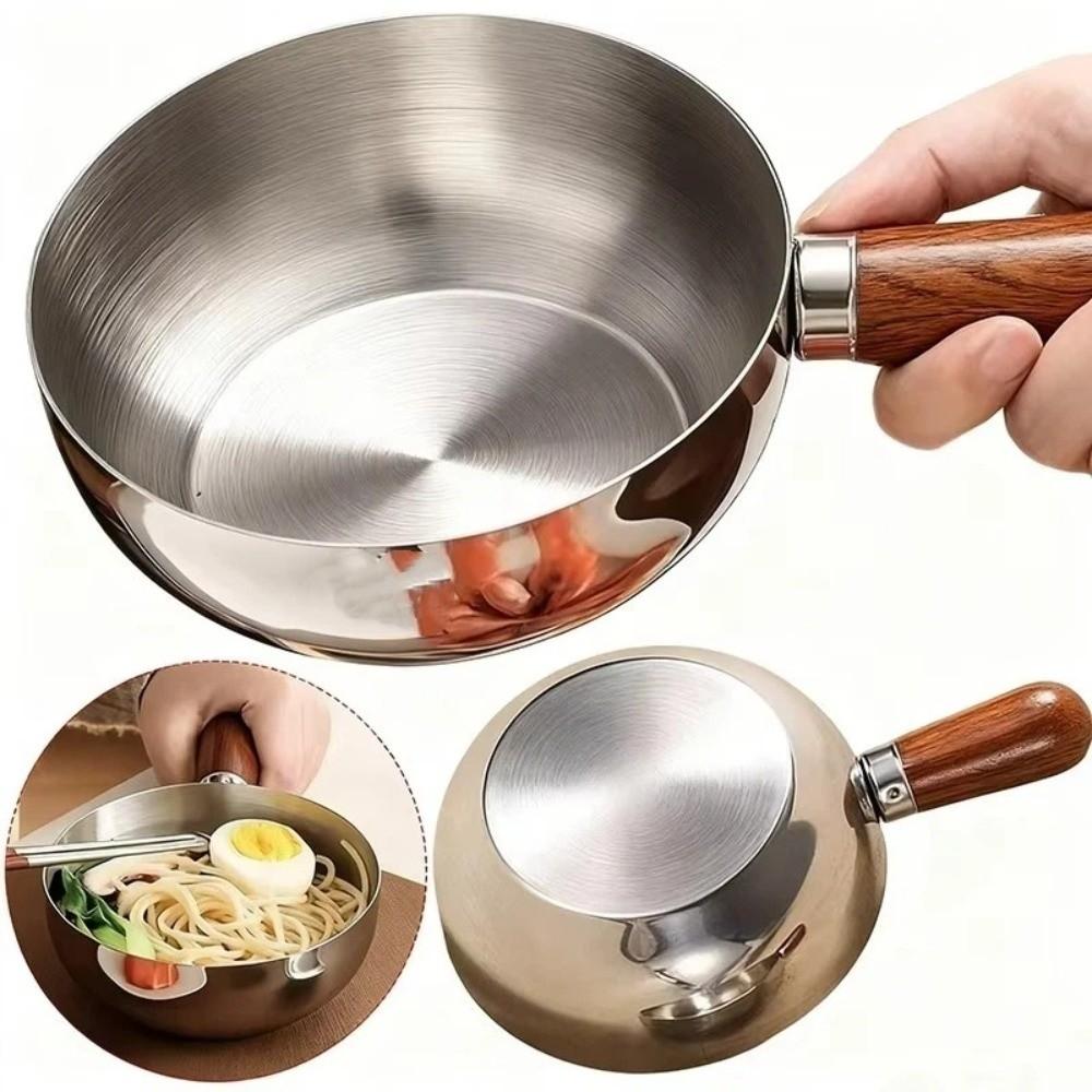 Wooden Handle Single-person Pot Thickened Heat-Resistant Stainless Steel Pot Non-stick Even Heat Distribution Yogurt Bowl