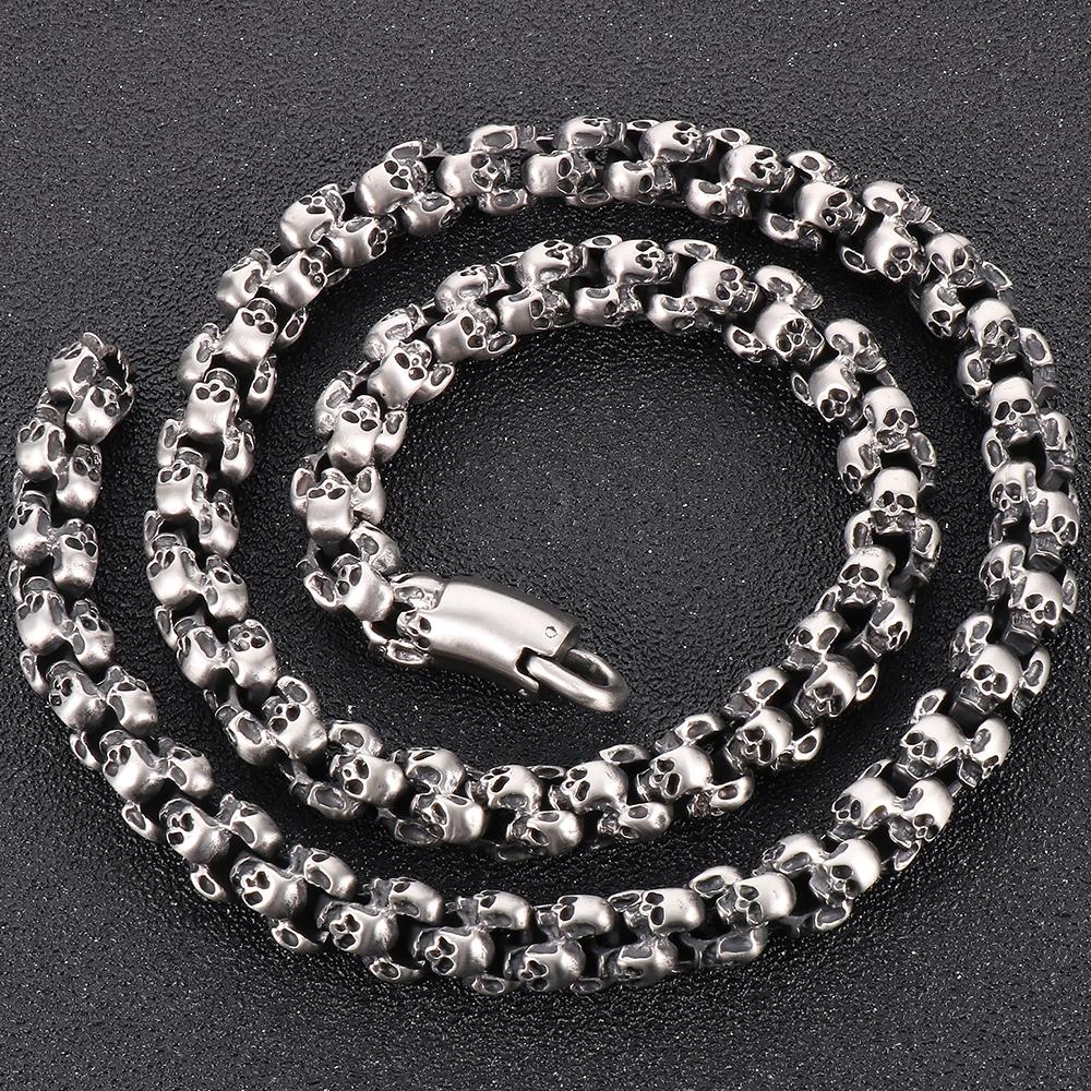 

Мужское ожерелье в стиле панк-готика со всеми черепами, цепочка из цельной нержавеющей стали, скелет, ювелирные изделия, 50–70 см, длинное ожерелье, чокер для мужчин 50CM старый серебряный