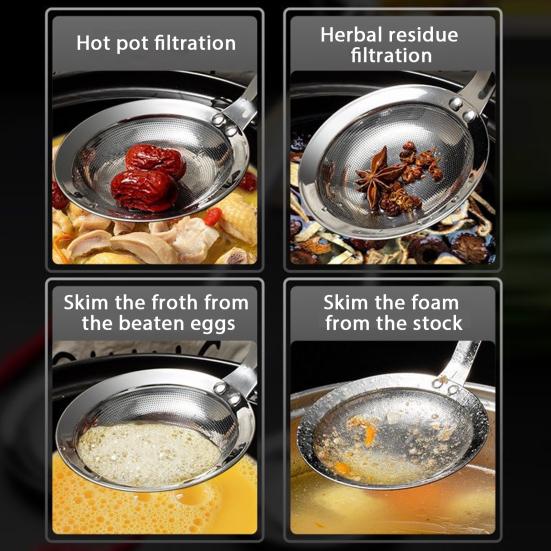 Stainless Steel Colander Strainer Spoon Fine Mesh Handle Oil Filter Food Strainer Kitchen Gadget for Soups Stews Fruits Vegetables