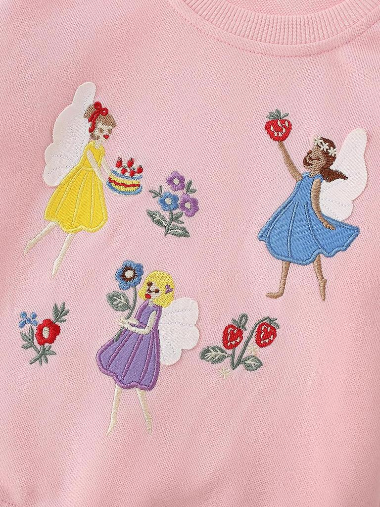 Sweet 26 Years Girls' Round Neck Sweatshirt with Cartoon Flowers Embroidery for Autumn/Winter