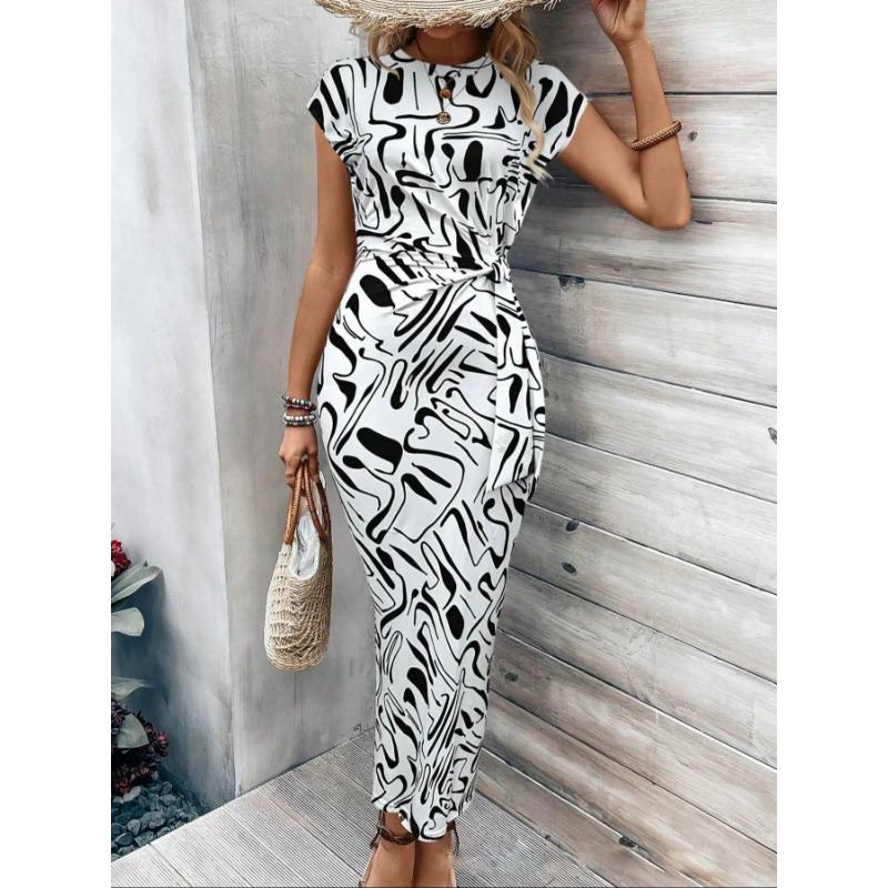 Damen Sommer Temperament Elegant Taille Binden Streifen Rundhals Kurzarm Lange Kleider