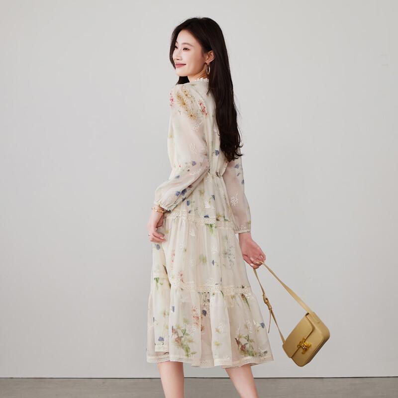 SOFSIL 2026 Spring V-Neck Print Long Sleeve Tie-Waist Dress