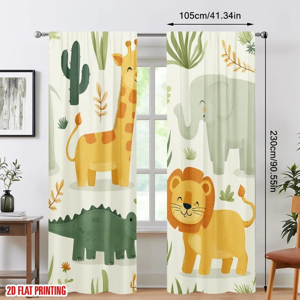 JIT 2pcs Animal Printed Curtain   Cartoon Design Room Darkening   Polyester   Kids Room Decor   Rod Pocket   Nursery Windows Decorati