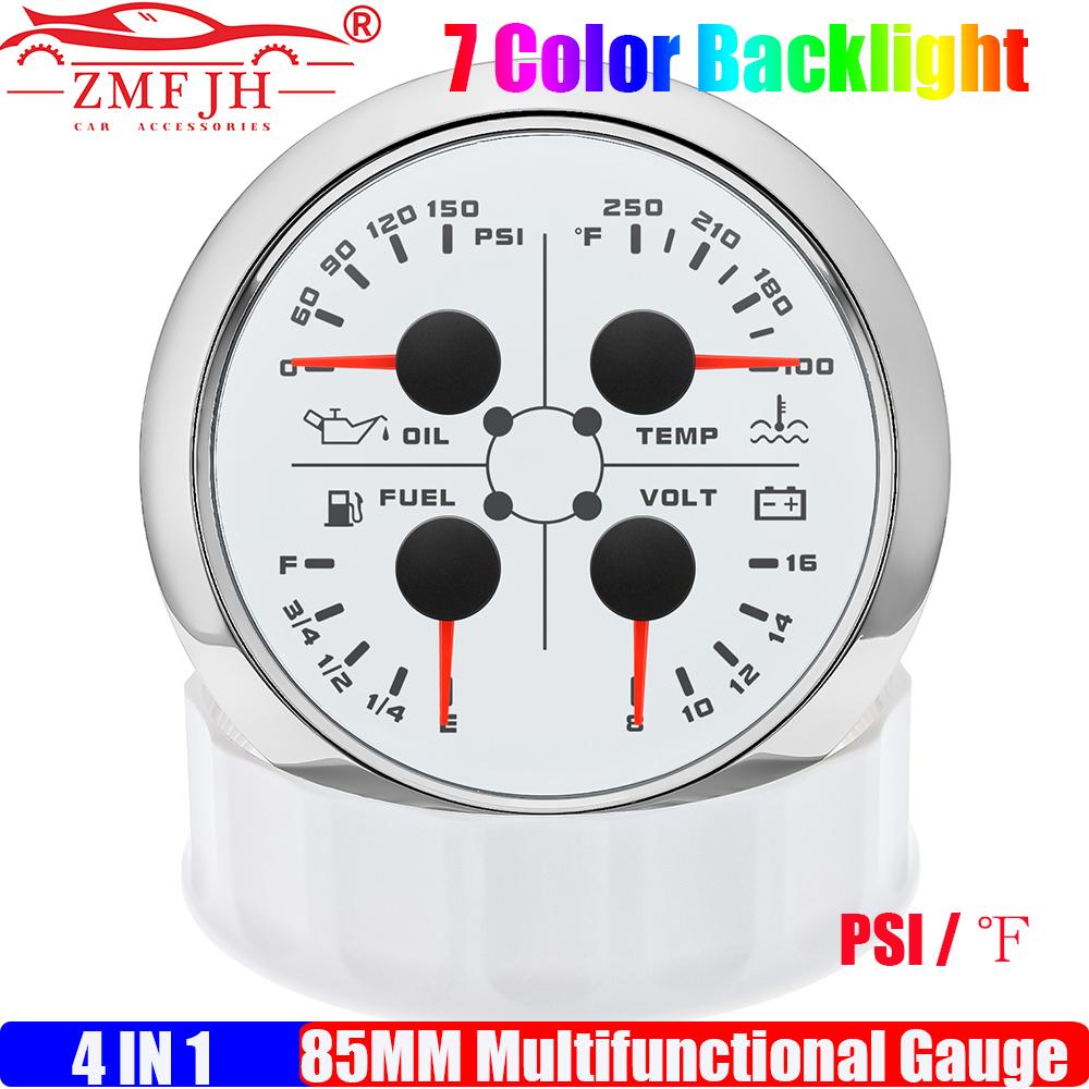 ZMFJH Auto Car Boat 4IN1 Multi-Meter 7 Color 85MM Oil Pressure+Water Temperature+Fuel Level Gauge+Voltage with Flash Alarm 12V