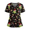 Women's Christmas Print V-Neck Double Pocket Short Sleeve  Uniform Top With Slit Hem