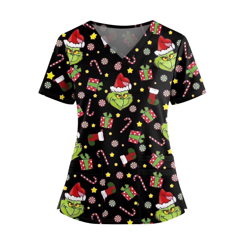 Women's Christmas Print V-Neck Double Pocket Short Sleeve Uniform Top With Slit Hem