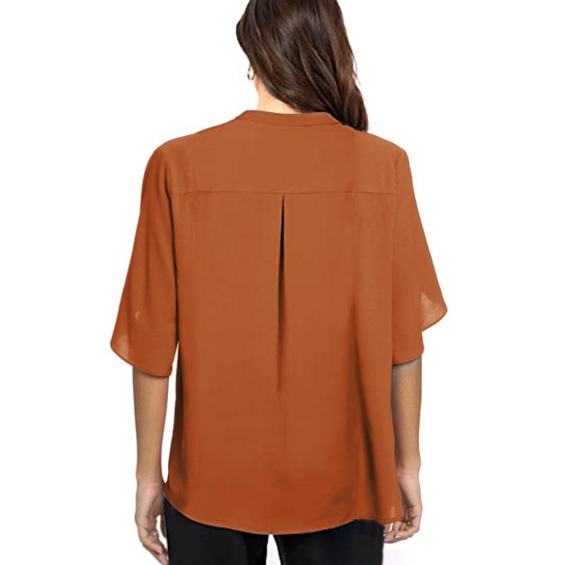 Summer New Women's Mid-sleeve Elegant Casual Solid Color V-neck Chiffon Shirt