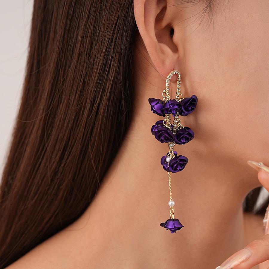 Elegant European & American Long Tassel Flower Earrings with Diamond-Inlaid Spray-Painted Design in Sterling Silver for Women