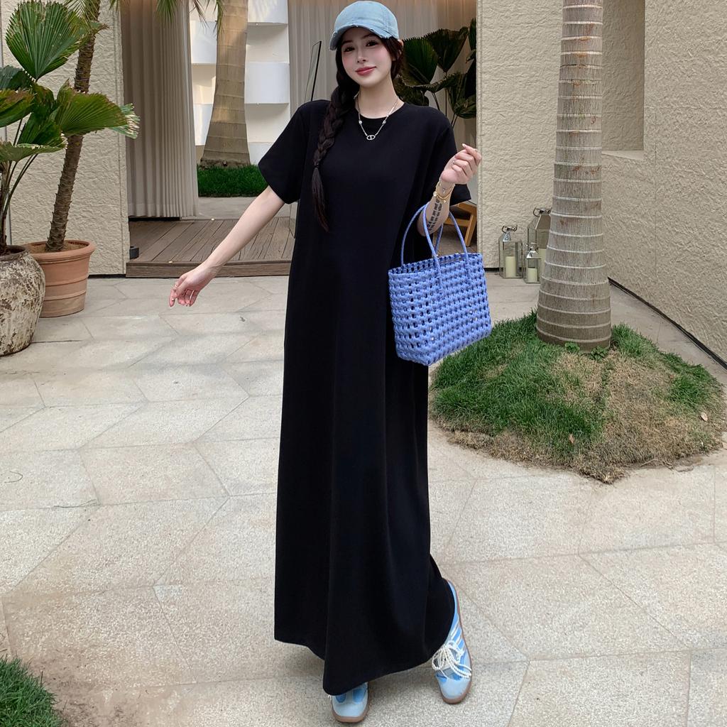 DIMANAF 2025 Sommer Übergröße Kleid Damen Lässiges Vintage Kleid Schlitz Schwarz Basic Lang Lockeres Kleid