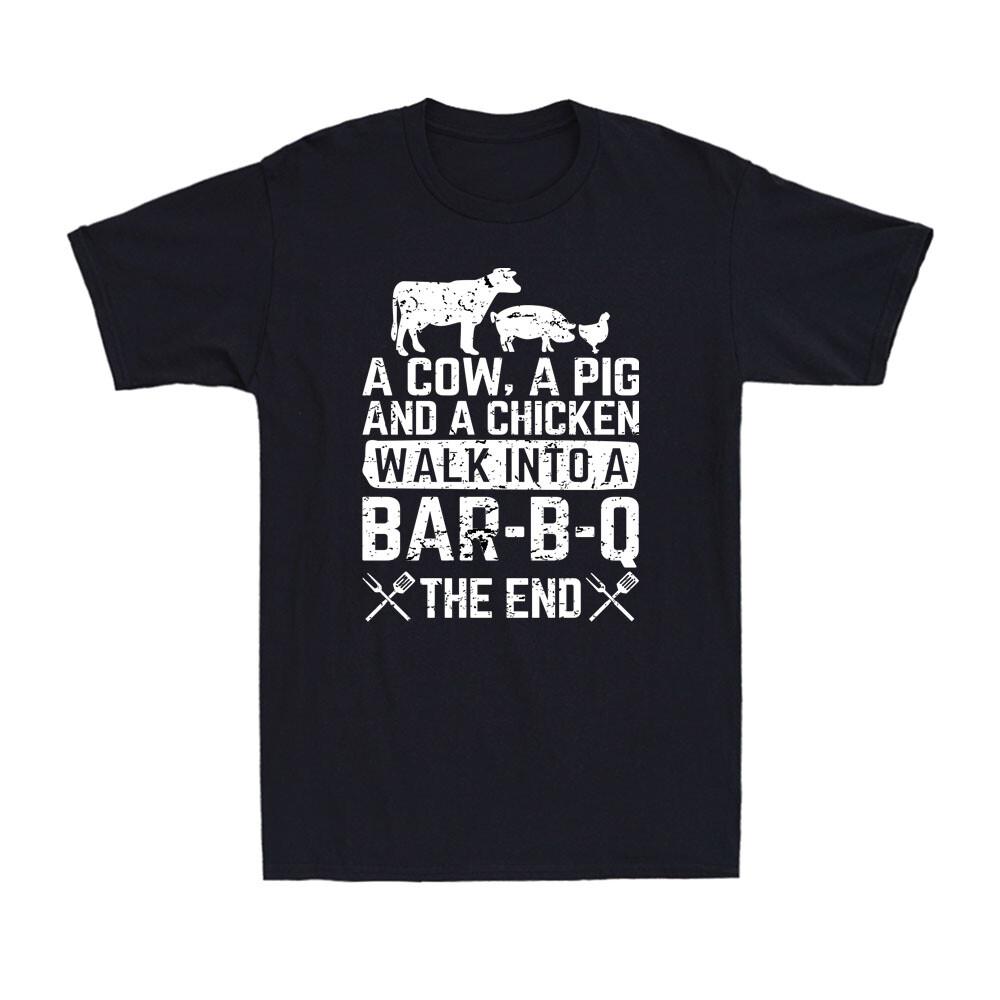Cow Pig And Chicken Walk Into Bar-B-Q Funny Barbecue BBQ Vintage Men s T-Shirt Unisex T-Shirt XXXL