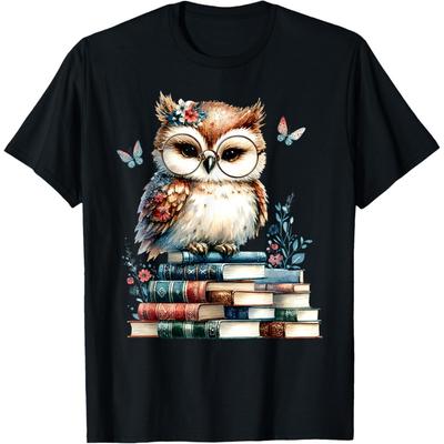 Cottagecore Cute Owl Reading Book Flower Bookworm Library T-Shirt