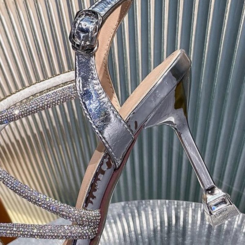 Stiletto Open Toe High Heels Women's Rhinestone Silver Versatile Buckle Strap Women's Sandals