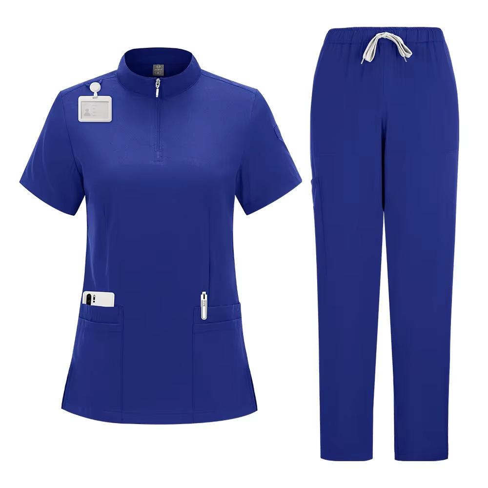 Solid Color Surgical Scrub Set: Stand-up Collar, Zipper Top, Straight Leg Pants