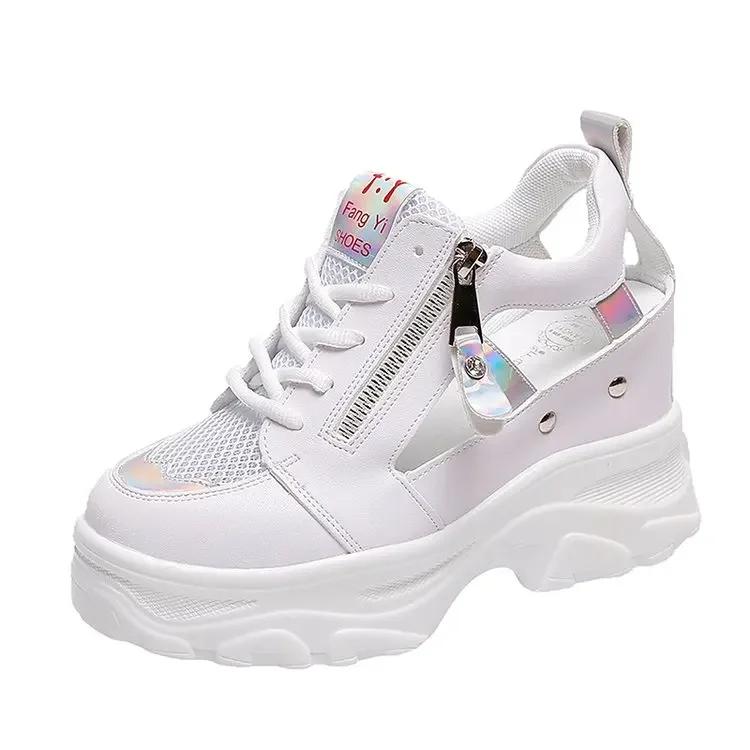 Fashion 2025 Summer Women Sandals 9cm Wedges Hollow Out Sneakers Ladies Breathable Mesh Platform Casual Shoes Woman White Shoes