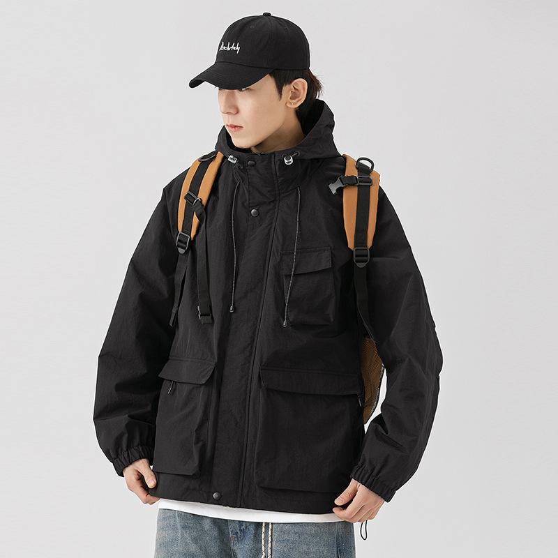 

Spring and Autumn New Men s Korean Version Solid Color Multi-Pocket Hooded Jacket Trendy Couple Stylish Versatile Jacket M