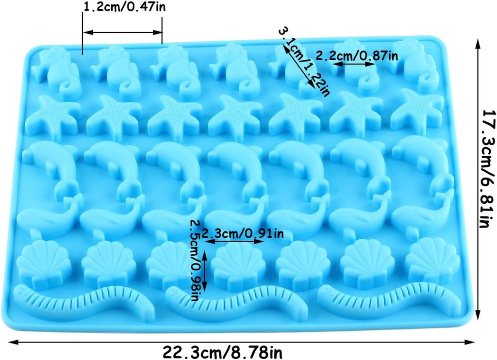 Mini Gummy Ocean Animals Silicone Candy Molds Including Hippocampus Shells Worms for Making Gummies Chocolates Vitamin Candy