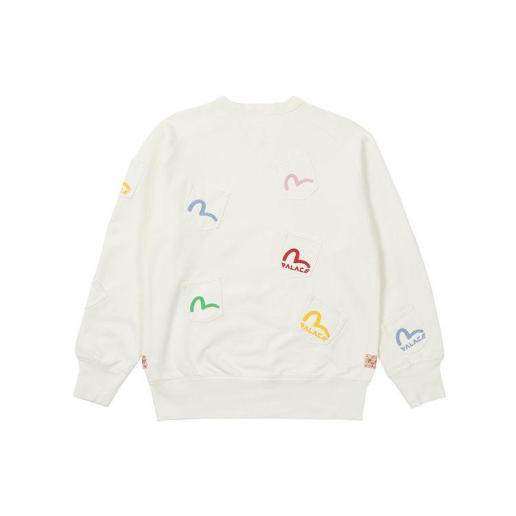 Palace X Evisu Collaboration FW21 Multi Pocket Crew Egret Logo Print Sweatshirt Unisex Sweatshirt White P21EVCW002
