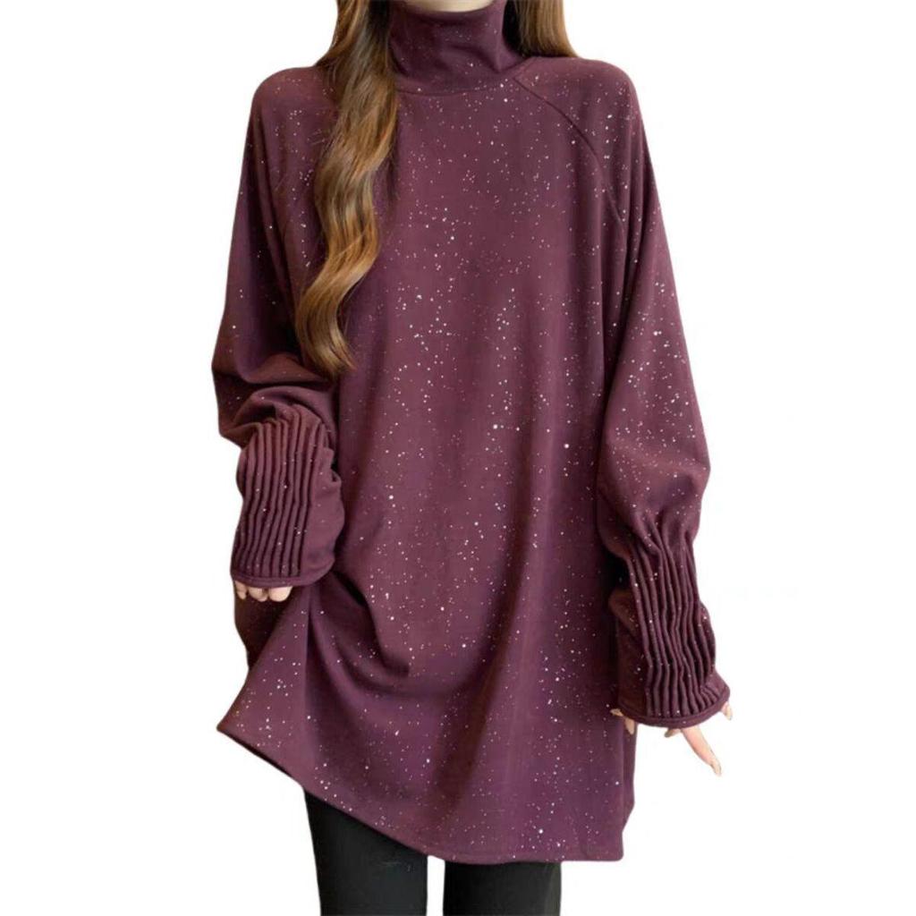 Plus Size Sequined High Neck Ruffle Long Sleeve Thickened Warm Mid-Length Top for Women 