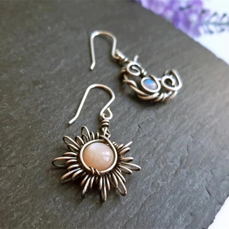 Boho Women ESun Moon Dangle Moonstone Asymmetric Hook Earrings