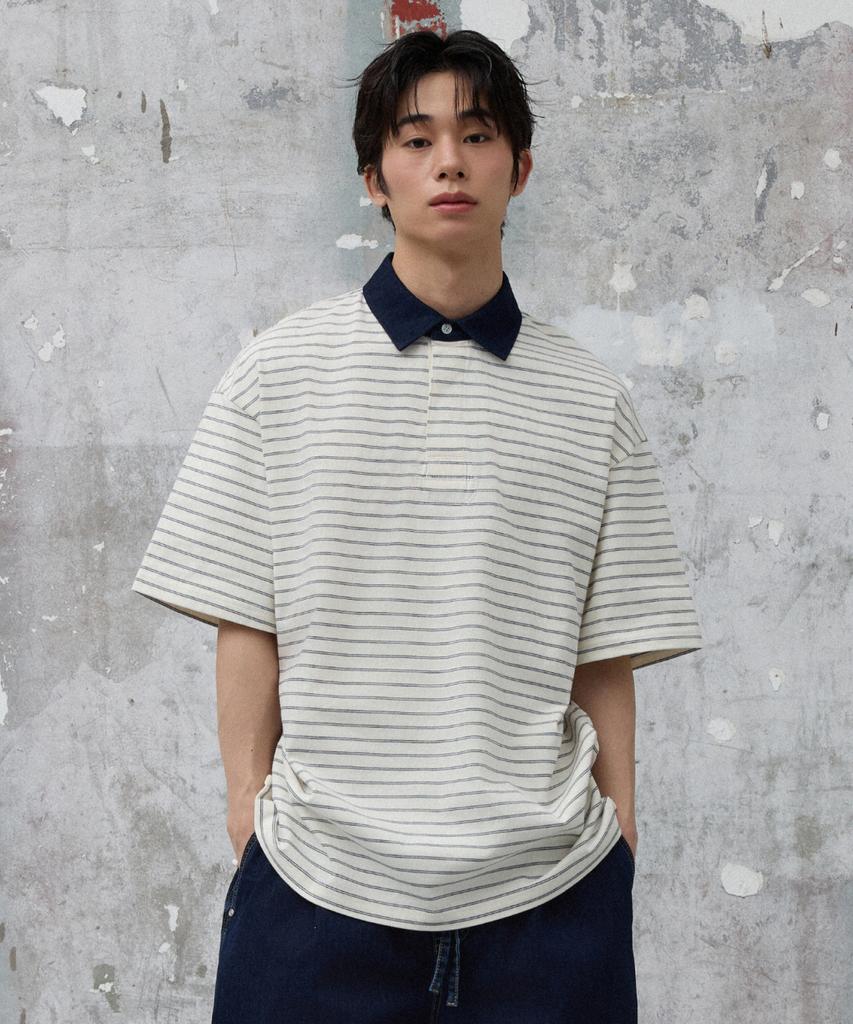 AGOD Contrast Denim Collar Stripe Half T-Shirt [Ivory]