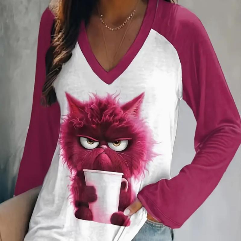 

Футболки с принтом «Чашка кота» для женщин, женские топы, длинные рукава, V-образный вырез, пуловер, женские футболки, футболка для женщин 8XL