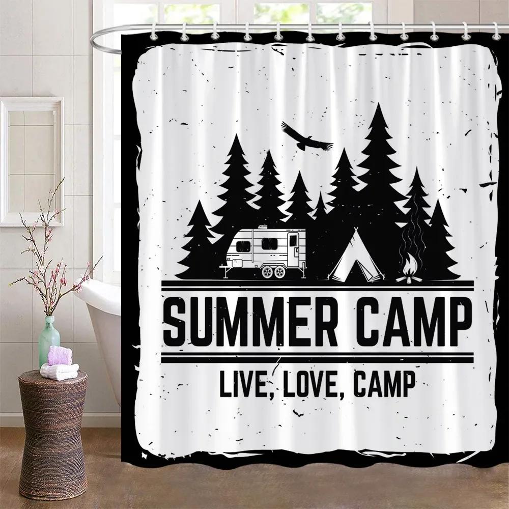 

Camping Car Shower Curtains Mountain Moon Forest Camping Enthusiast White Black Simple Bathroom Decor Fabric Bath Curtains Hooks W60H190(CM)-1 Pcs