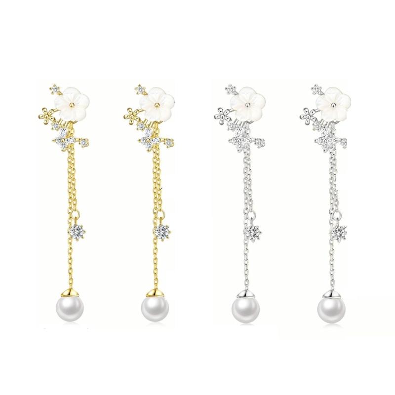 Delicate Flower Design Dangle Earrings With Simulated Pearls Chain Bridal Jewelry Glossy Gold or Silver Finish
