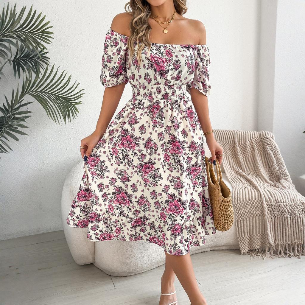 Women's Fashionable Floral Print Off Shoulder Short Sleeved Ruffle Edge Holiday Beach Loose Dress