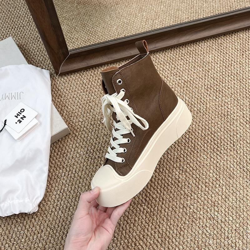 Sheepskin Version~ Thick Sole Design Sense Simple Invisible Height Increase Casual Shoes Women's New Lace-up Round Head High-top Shoes