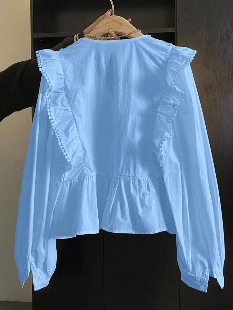 2026 Autumn Women's Casual Lace Patchwork Ruffle Long Sleeve Top