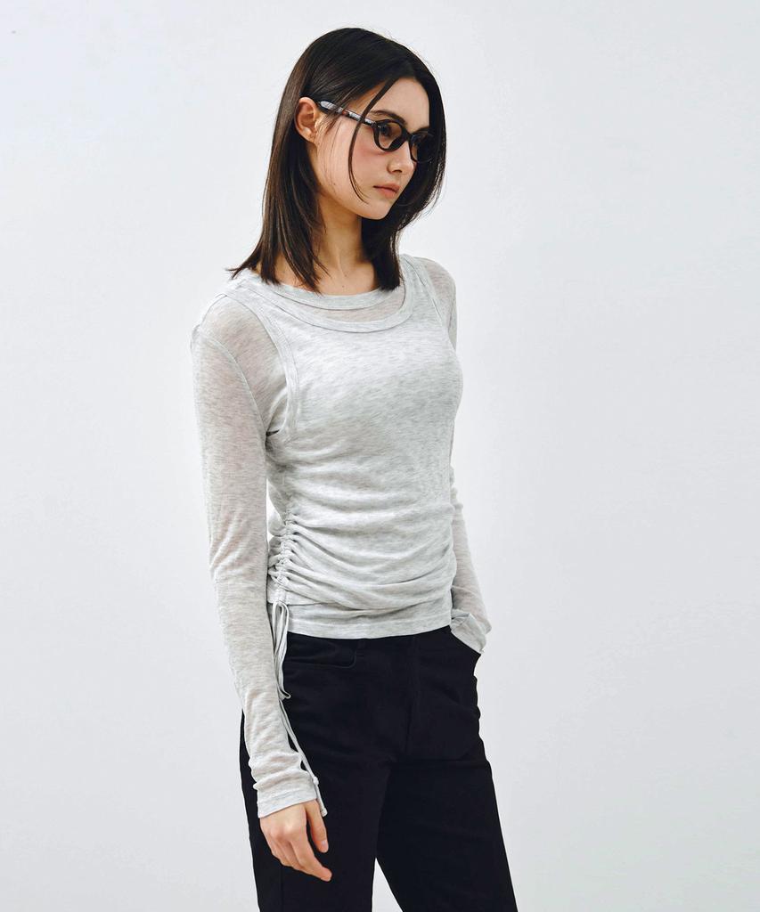 MONGDOL [Set] Side Shirred Layered T-Shirt Light Grey Mdts067Lgray
