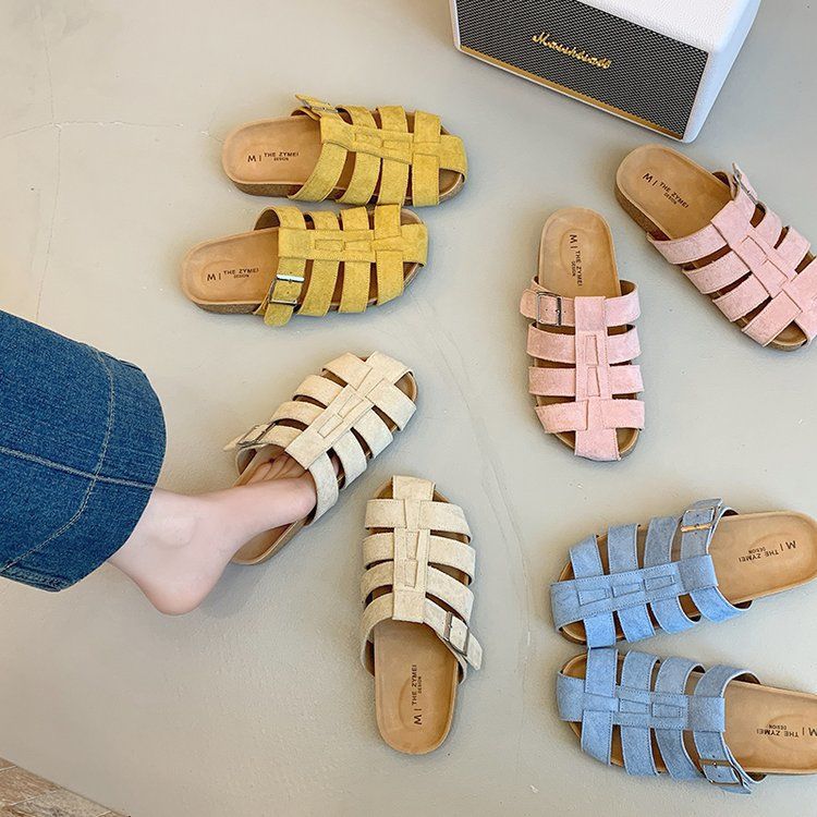 Retro bag head slippers women's summer outer wear 2025 new woven pig cage one word drag lazy one foot half slippers