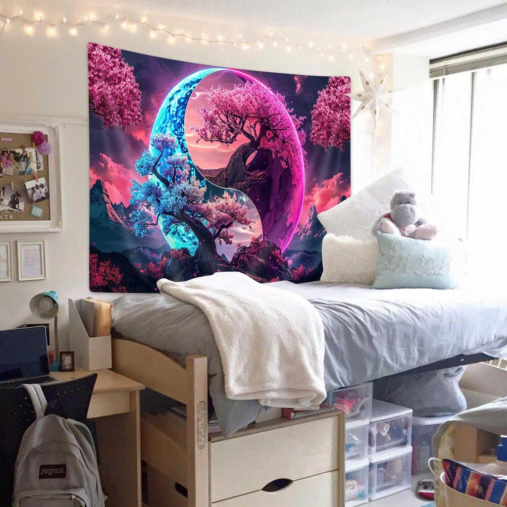 VIKAMA YinYang Cherry Blossom Tree Tapestry Cyberpunk Fantasy Tapestry Bedroom Living Room Dormitory Wall Hanging Home Decor