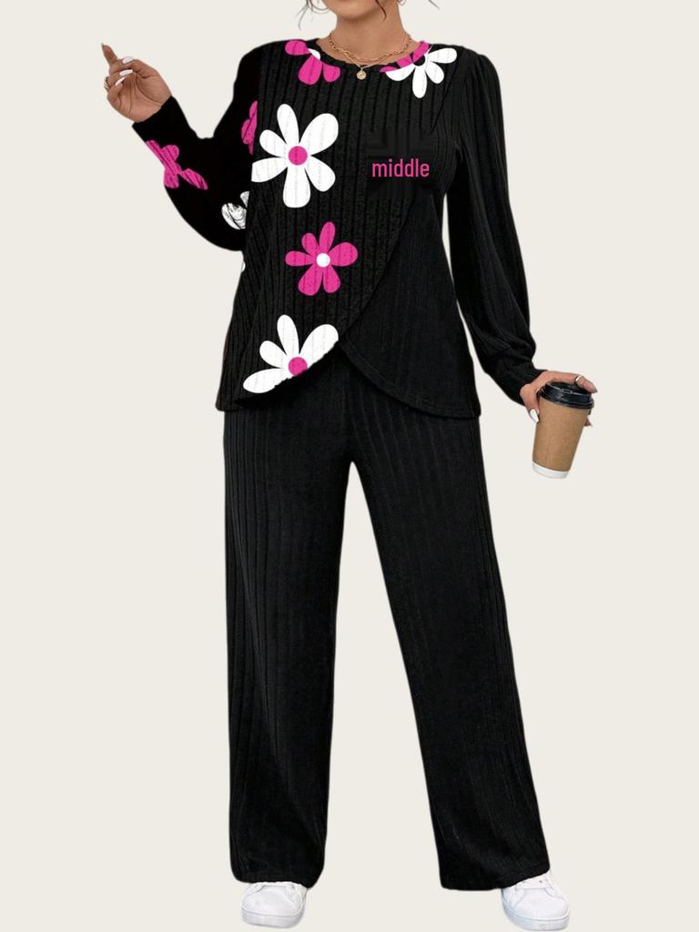 Dámská pletená souprava s barevným potiskem a rovnými kalhotami, nadměrná velikost