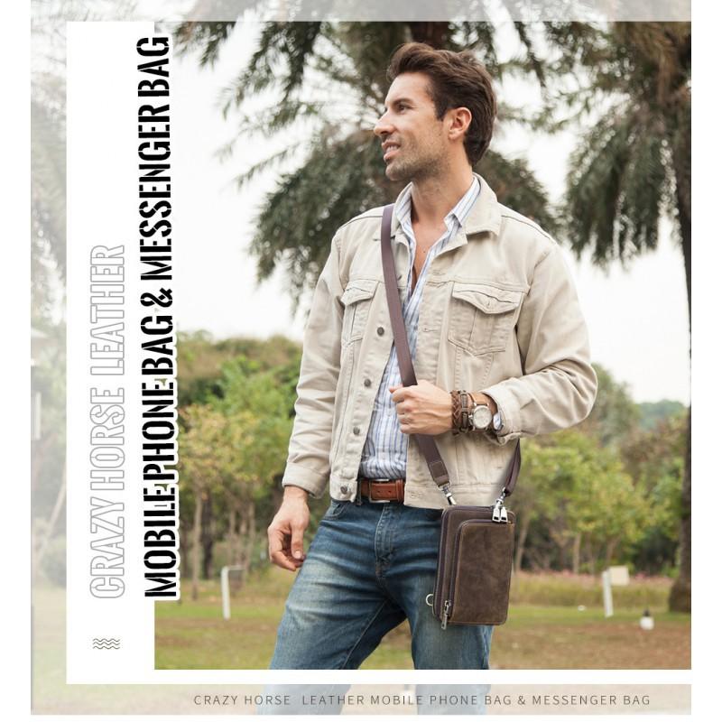 Retro Crazy Horse Leather Men's Mobile Phone Baotou Layer Fashion Casual Small Single Shoulder Crossbody Bag