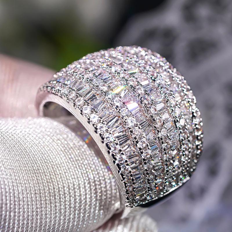 Huitan Shiny Trapezoid Shaped Zirconia Rings for Women Luxury Wide Finger Gorgeous Silver Color for Anniversary